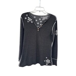 Alp n Rock Henley Top Womens Medium Charcoal Snowflake Embroidered Alpine Winter